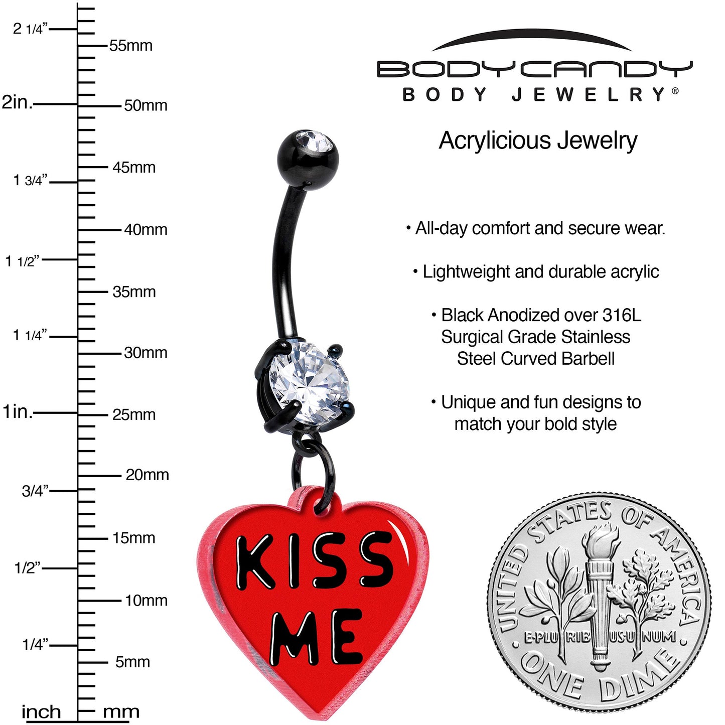 Black Double Gem Kiss Me Heart Dangle Belly Ring by Onyx O BodyCandy