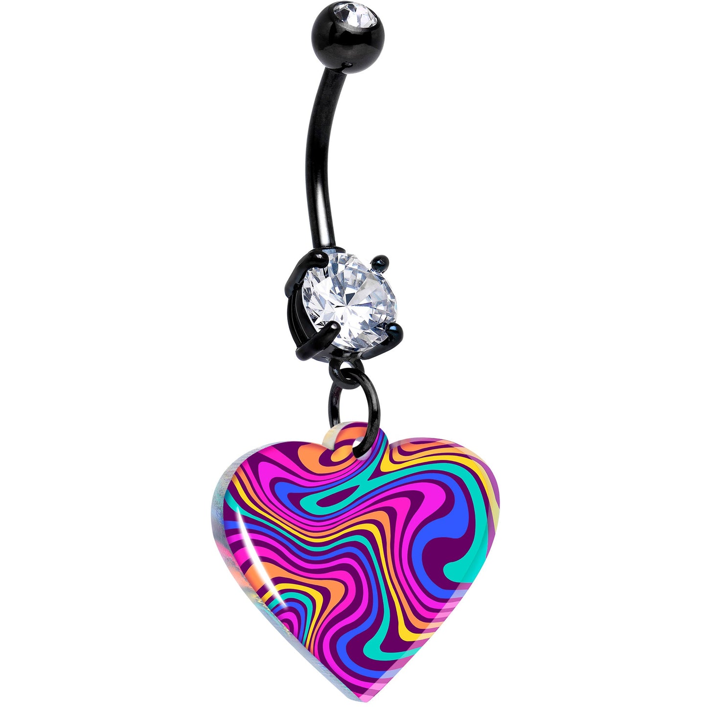 Black Double Gem Swirling Heart Dangle Belly Ring by Onyx O BodyCandy