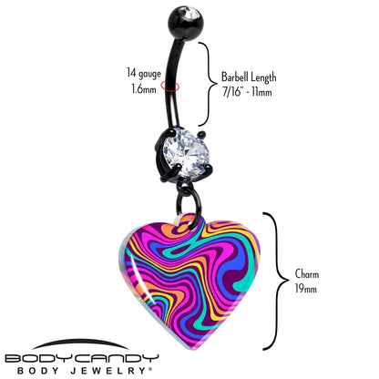 Black Double Gem Swirling Heart Dangle Belly Ring by Onyx O BodyCandy