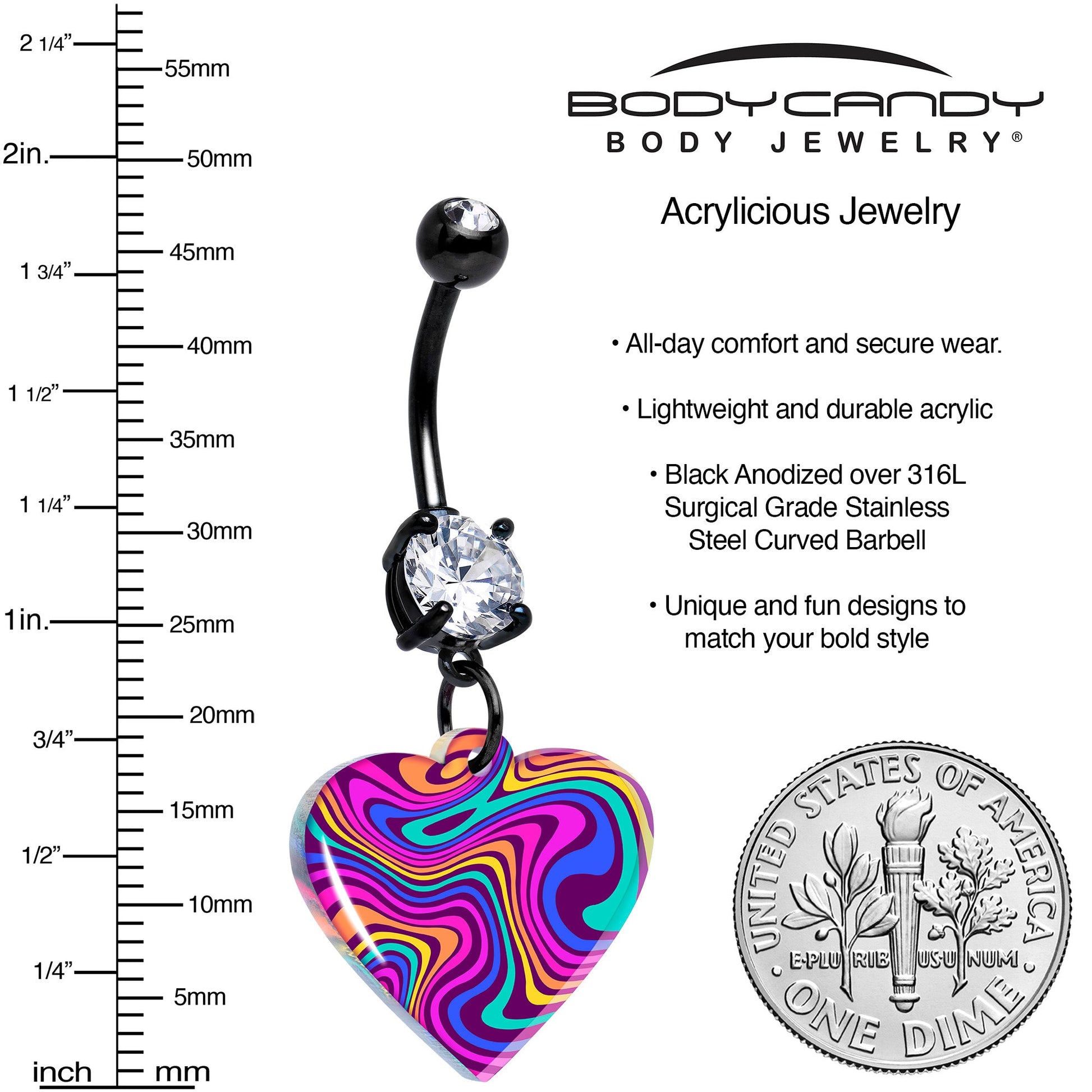 Black Double Gem Swirling Heart Dangle Belly Ring by Onyx O BodyCandy