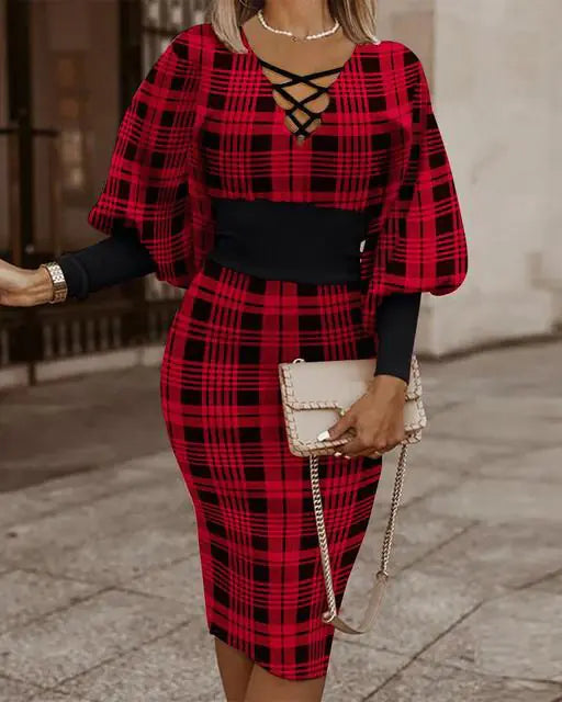Elegant Women's V-Neck Long Sleeve Pencil Dress