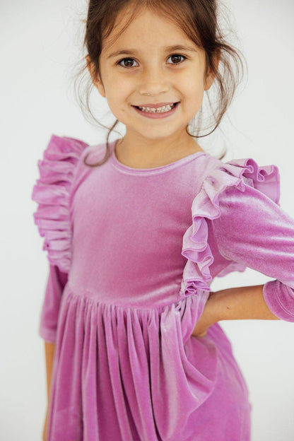 Carnation Pink Velvet Ruffle Twirl Dress