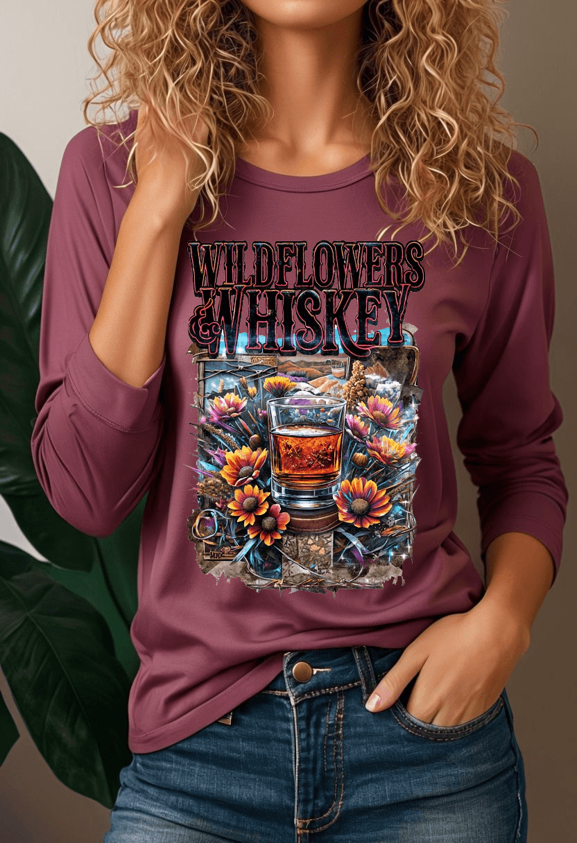 Wildflowers and Whiskey Lightweight Long Sleeve Tee Country in My Heart