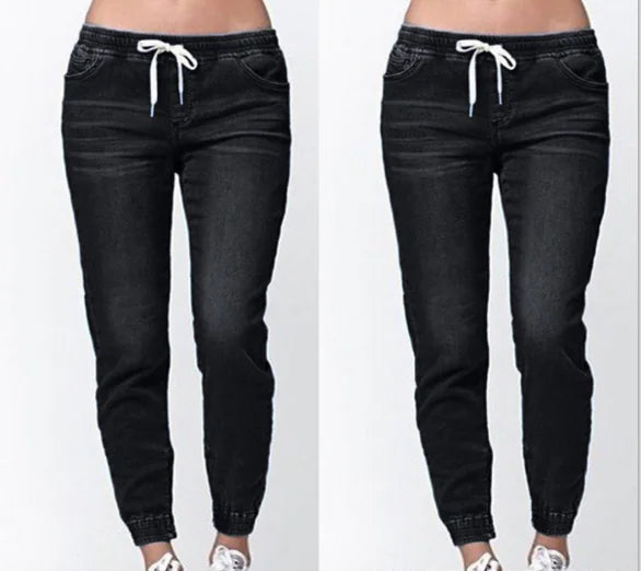 Women's Washed Lantern Denim Pants with Drawstring