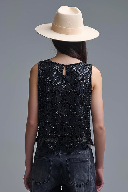 Chic Black Sequin Cropped Top Q2store