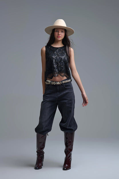 Chic Black Sequin Cropped Top Q2store