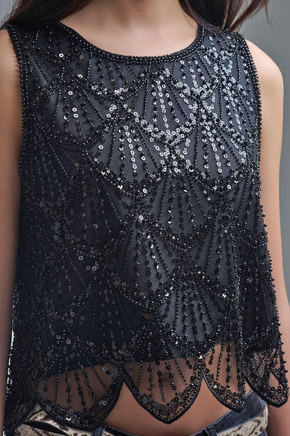 Chic Black Sequin Cropped Top Q2store