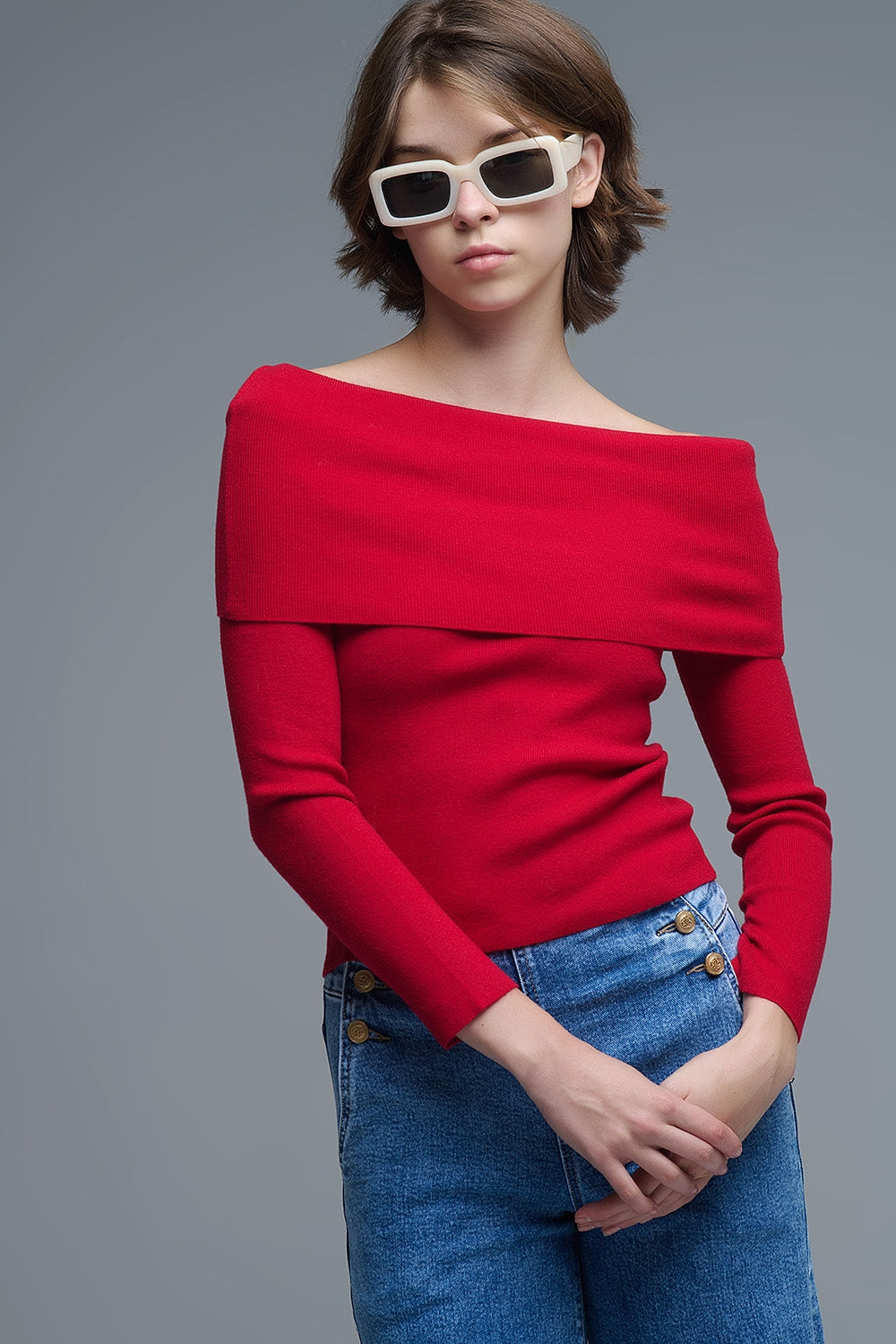 Chic Off-Shoulder Red Knit Top Q2store