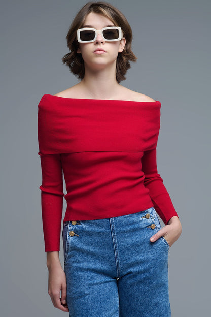 Chic Off-Shoulder Red Knit Top Q2store