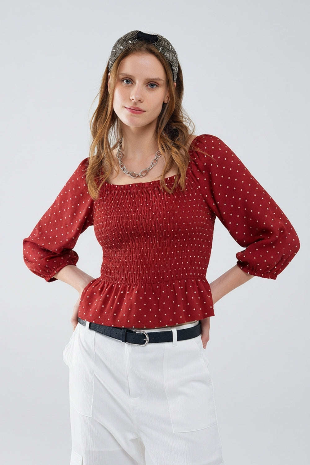 Chic Red Polka-Dot Cropped Top fitted at the waist Q2store