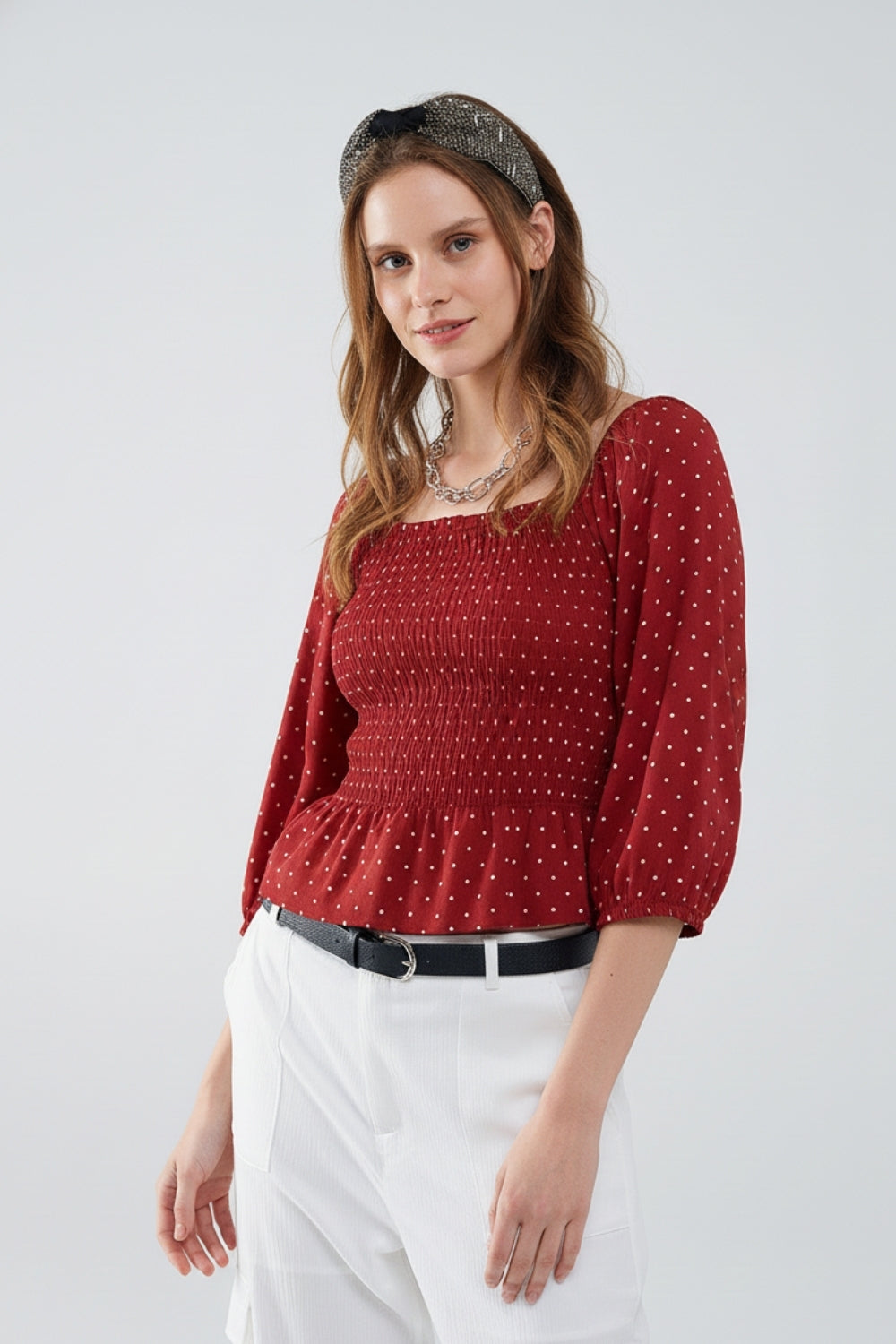 Chic Red Polka-Dot Cropped Top fitted at the waist Q2store