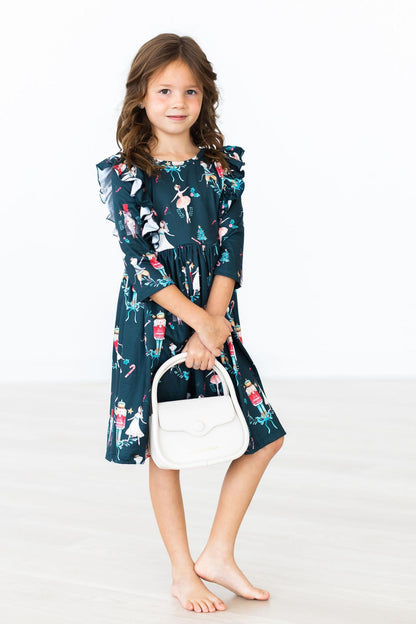 Christmas Ballet 3/4 Sleeve Ruffle Twirl Dress