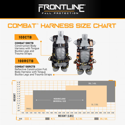 Frontline 100RCTB Combat Reflective Construction Full Body Harness with Tongue Buckle Legs and Trauma Straps M/L VM Hardware