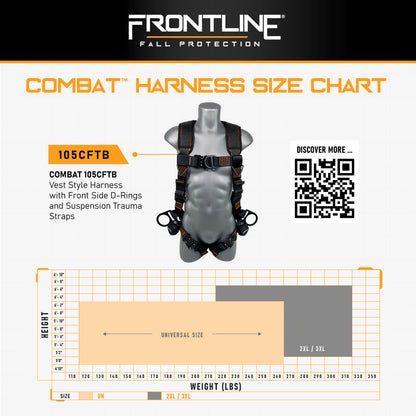 Frontline 105CFTB Combat Vest Style Harness with Front Side D-Rings and Suspension Trauma Straps Universal VM Hardware