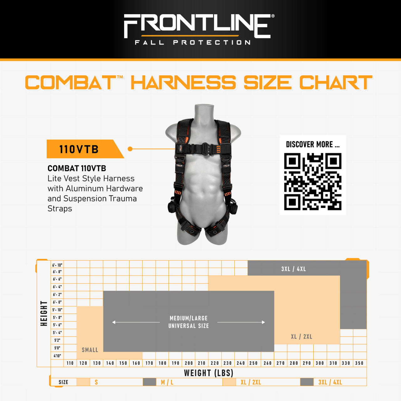Frontline 110VTB Combat Lite Vest Style Harness with Aluminum Hardware and Suspension Trauma Straps XL/2X VM Hardware