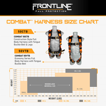 Frontline 50CTB Combat Construction Style Full Body Harness with Tongue Buckle Belt & Legs XL/2X VM Hardware