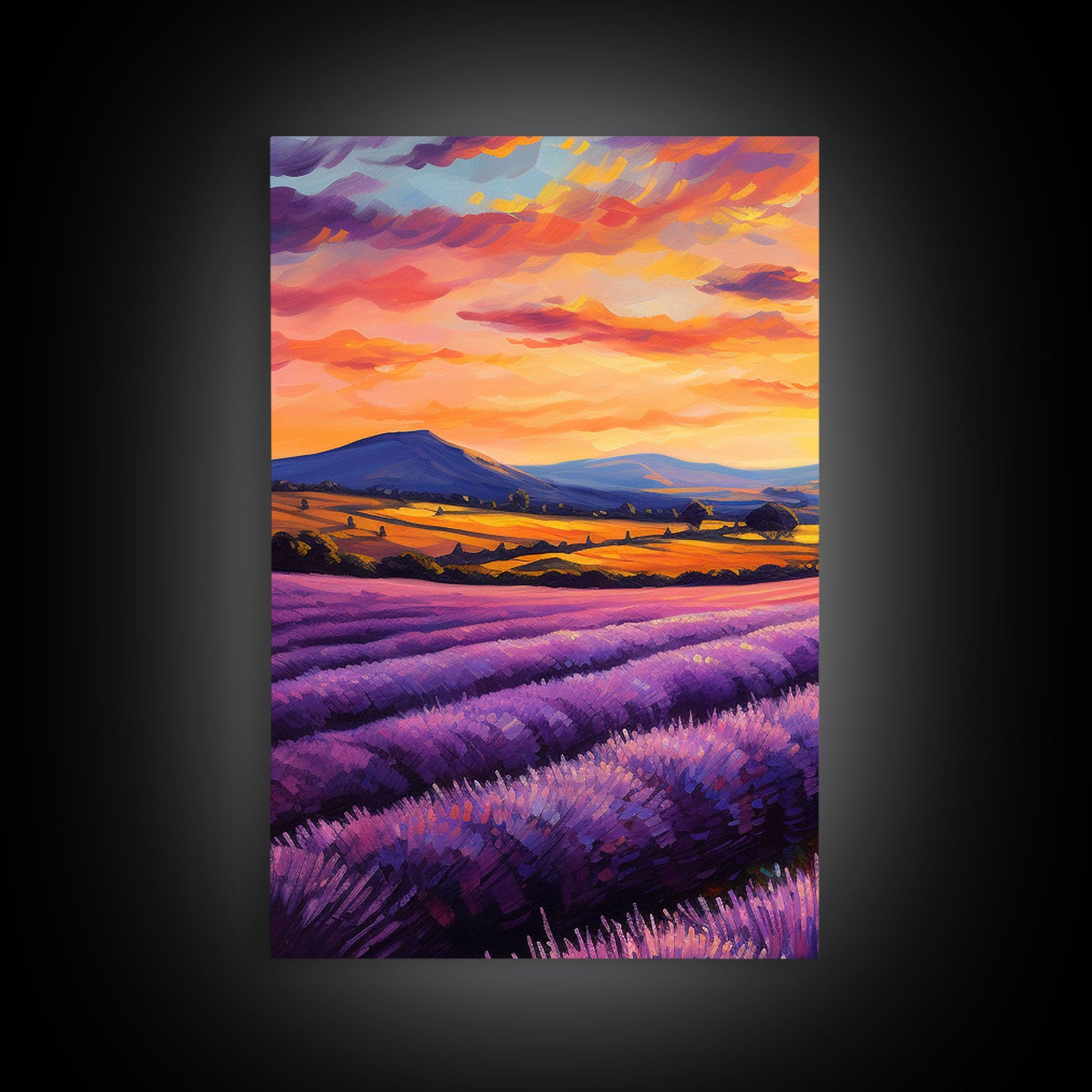 Purple Lavender Fields, 3 Piece Wall Art, Framed Canvas Print, Beautiful Original Landscape Painting, Sunset Painting, Farmhouse Decor NuevArt