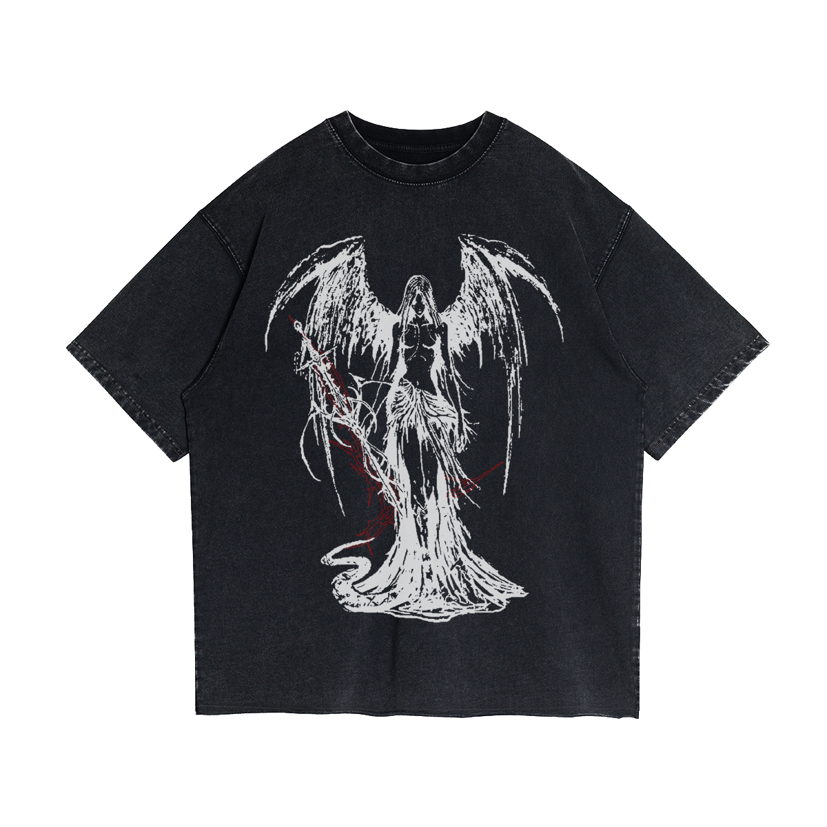 Fallen Angel Garment Dyed Streetwear Tee 260GSM Black Cotton With Faded Raw Hem ArnukiClothing