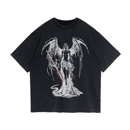 Fallen Angel Garment Dyed Streetwear Tee 260GSM Black Cotton With Faded Raw Hem ArnukiClothing