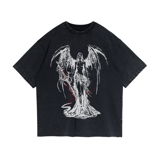 Fallen Angel Garment Dyed Streetwear Tee 260GSM Black Cotton With Faded Raw Hem ArnukiClothing