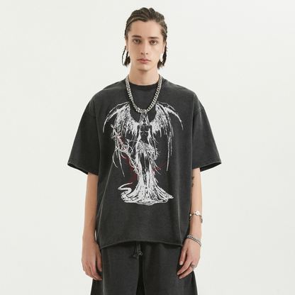 Fallen Angel Garment Dyed Streetwear Tee 260GSM Black Cotton With Faded Raw Hem ArnukiClothing