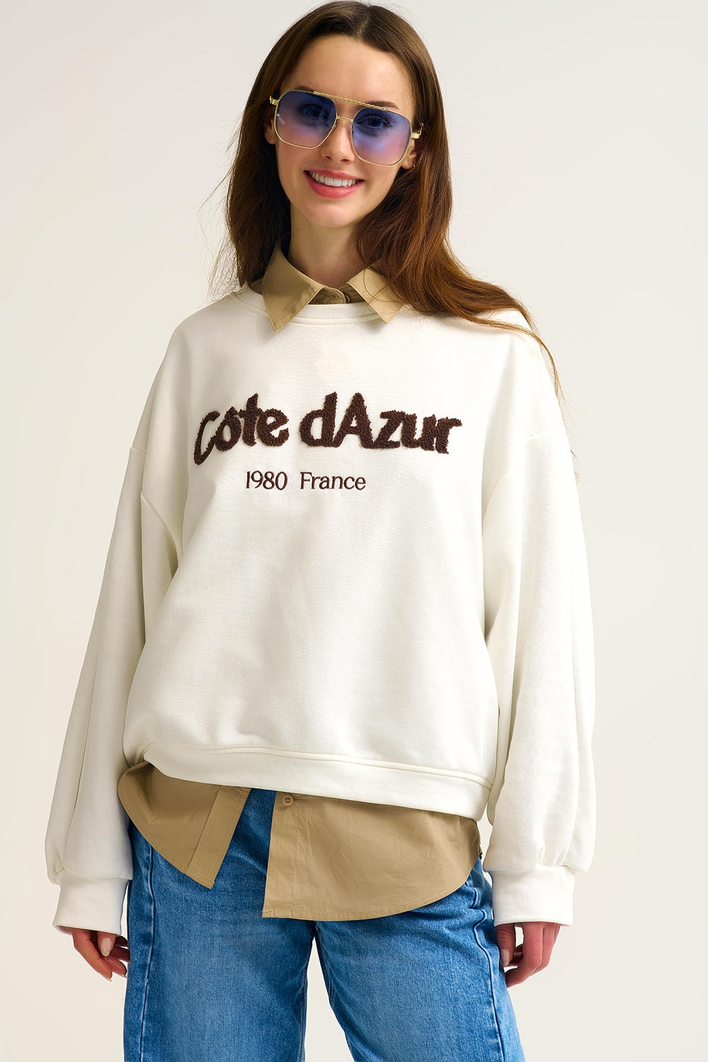Côte d’Azur Embroidered Cream Sweatshirt Q2store