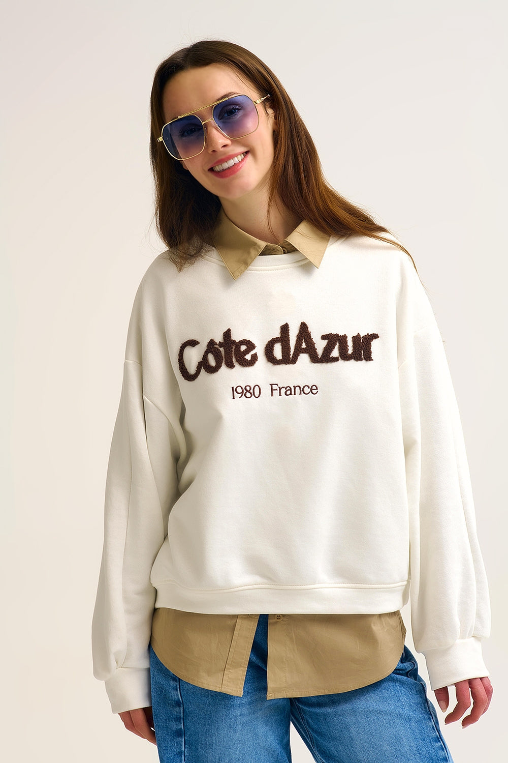 Côte d’Azur Embroidered Cream Sweatshirt Q2store