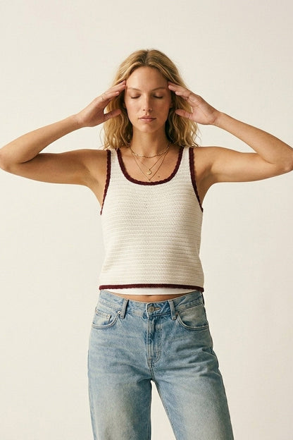 Cream Crocheted Tank Top in Cream with Burgundy Trim Q2store