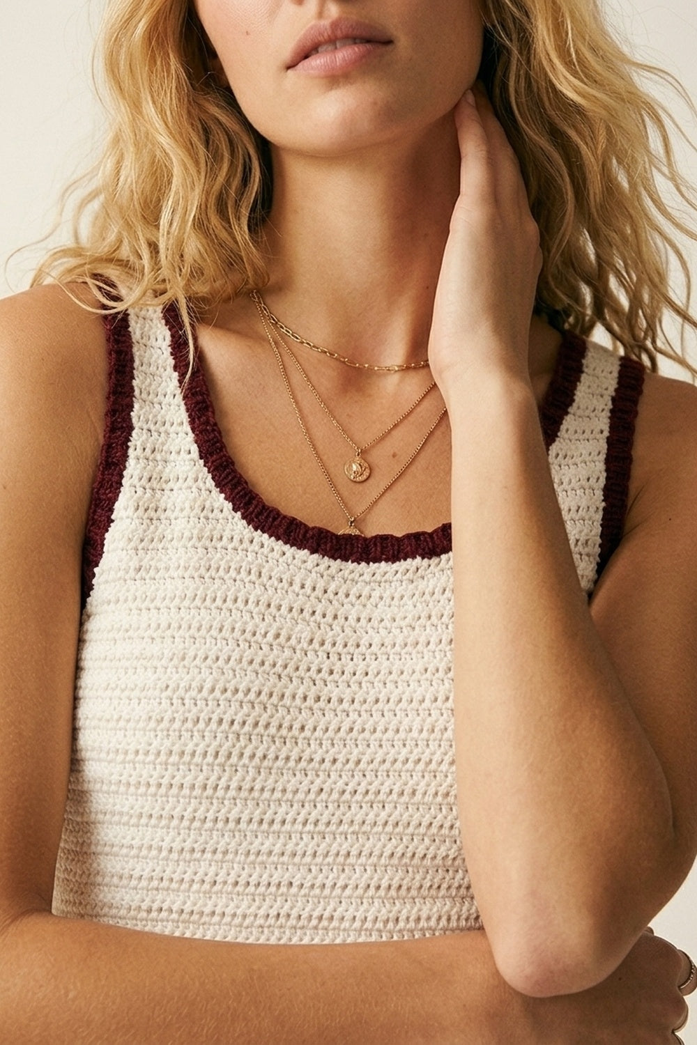 Cream Crocheted Tank Top in Cream with Burgundy Trim Q2store