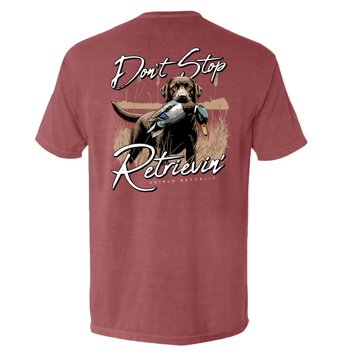Don't Stop Retrievin' Chocolate Lab Shield Republic