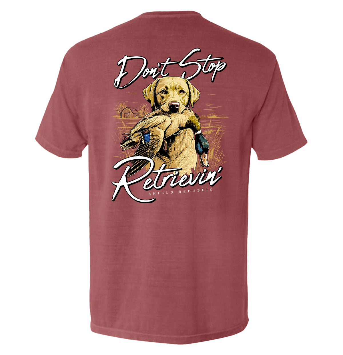 Don't Stop Retrievin Yellow Lab Shield Republic