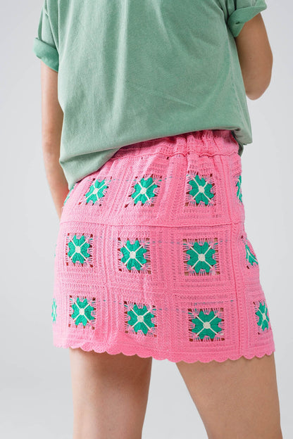 Crochet Mini Skirt in Pink With Turquoise Flowers Q2store