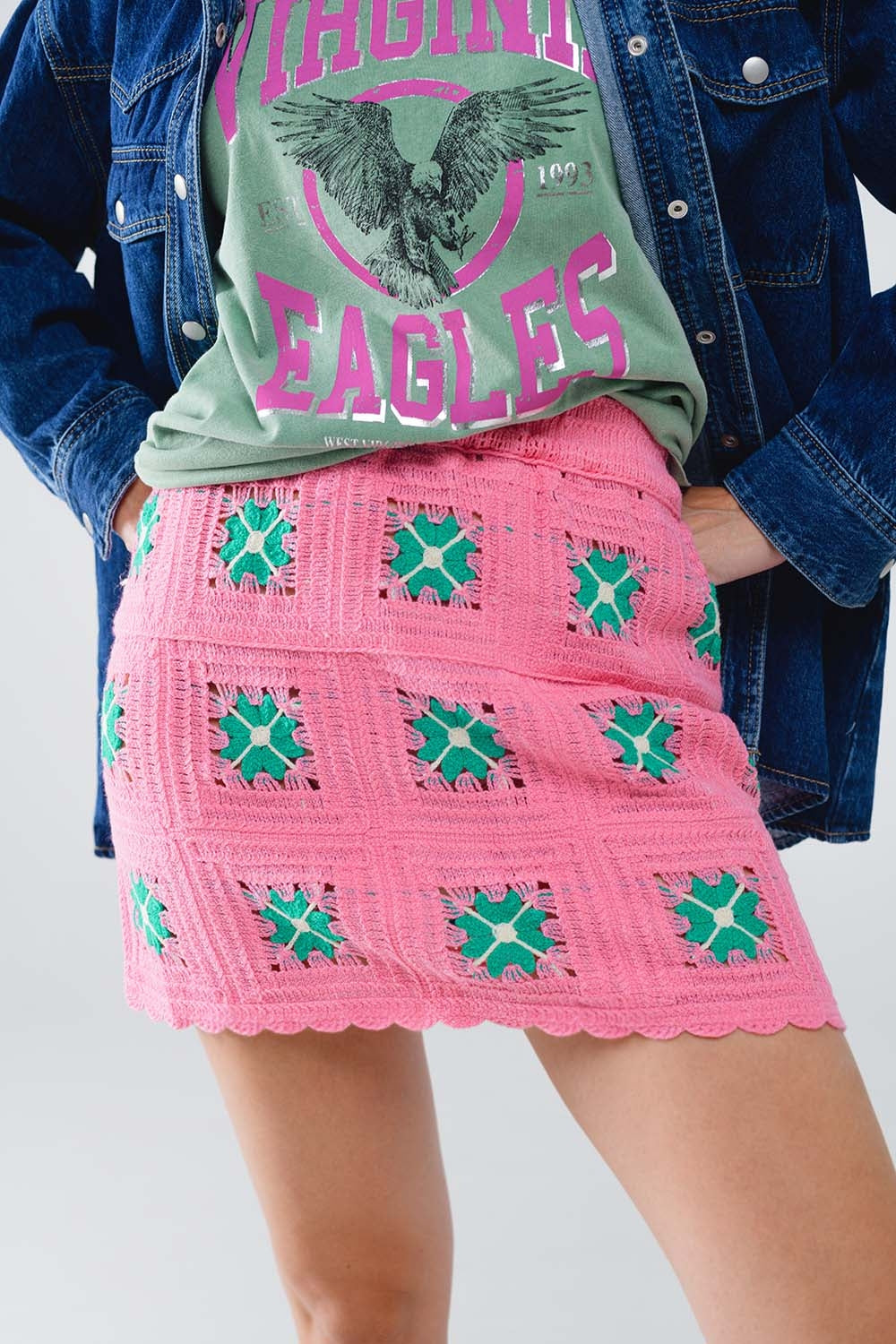 Crochet Mini Skirt in Pink With Turquoise Flowers Q2store