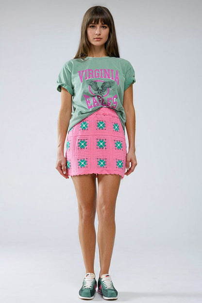 Crochet Mini Skirt in Pink With Turquoise Flowers Q2store