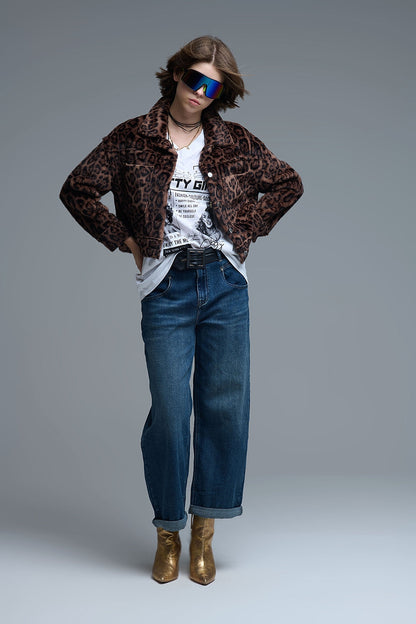 Cropped button-up faux fuzzy jacket in bold leopard print Q2store