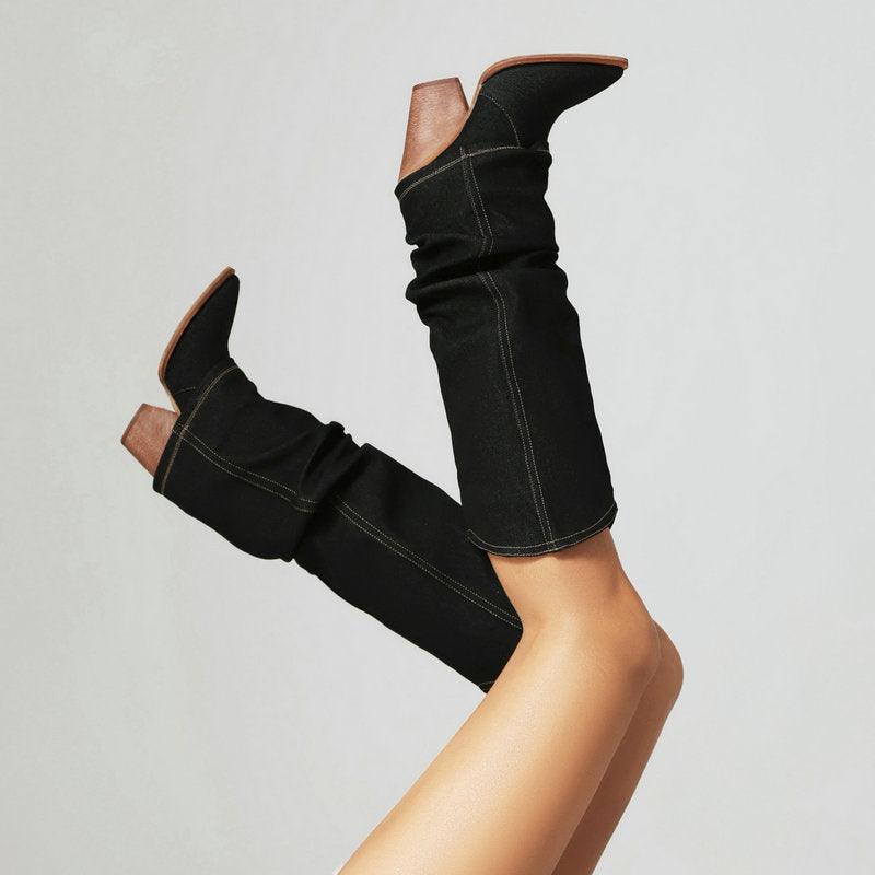 Denim Cowboy Slouch Boots | Stylish Knee-High Cowboy Boots for Cowgirls Country in My Heart
