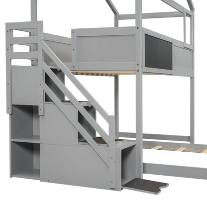 Twin over Full House Bunk Bed with Storage Staircase and Blackboard Gray