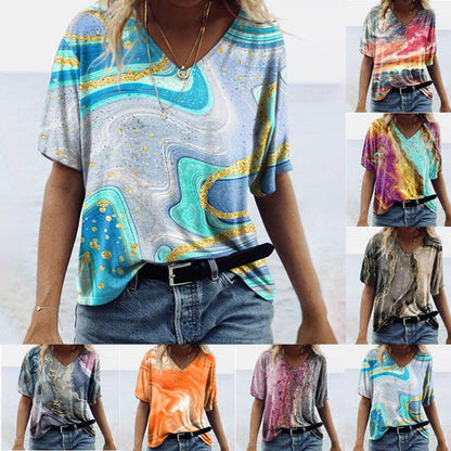 Women's Spring Glitzy V-Neck Short Sleeved Marble Print Top Country in My Heart
