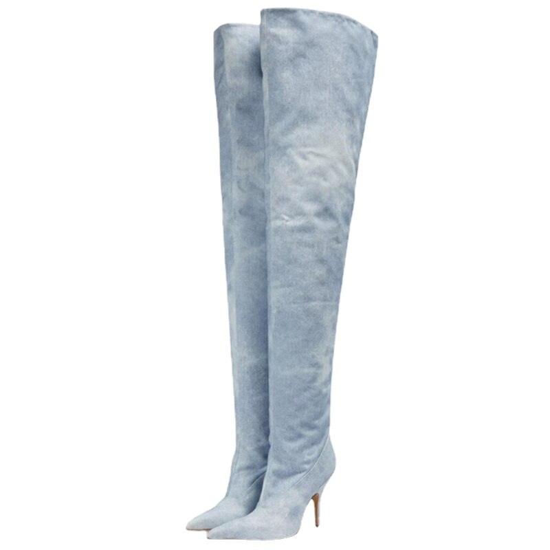 Women's Ultra-High Heel Denim Pointed Toe Catwalk Knee Boots Country in My Heart