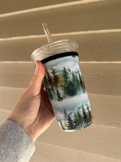 Forest mountain Coffee Sleeve | Reusable Neoprene Iced Coffee Cup Cover 16-24oz Cowboy Print Eco-Friendly Insulator for Grande & Venti Cups BashDesignsCo