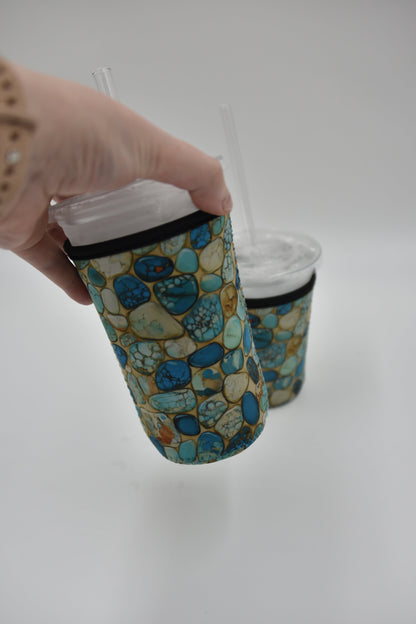 Turquoise stone Coffee Sleeve | Reusable Neoprene Iced Coffee Cup Cover 16-24oz Cowboy Print Eco-Friendly Insulator for Grande & Venti Cups BashDesignsCo