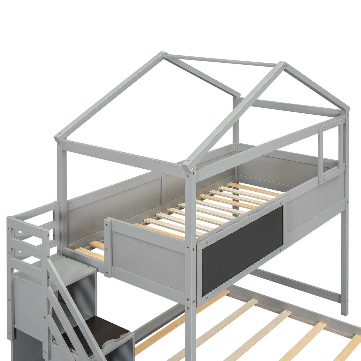 Twin over Full House Bunk Bed with Storage Staircase and Blackboard Gray