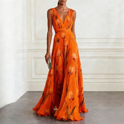 Women's Tulip Print Sleeveless Deep V-Neck A-Line Maxi Dress – 7 Colors FitiqueFit