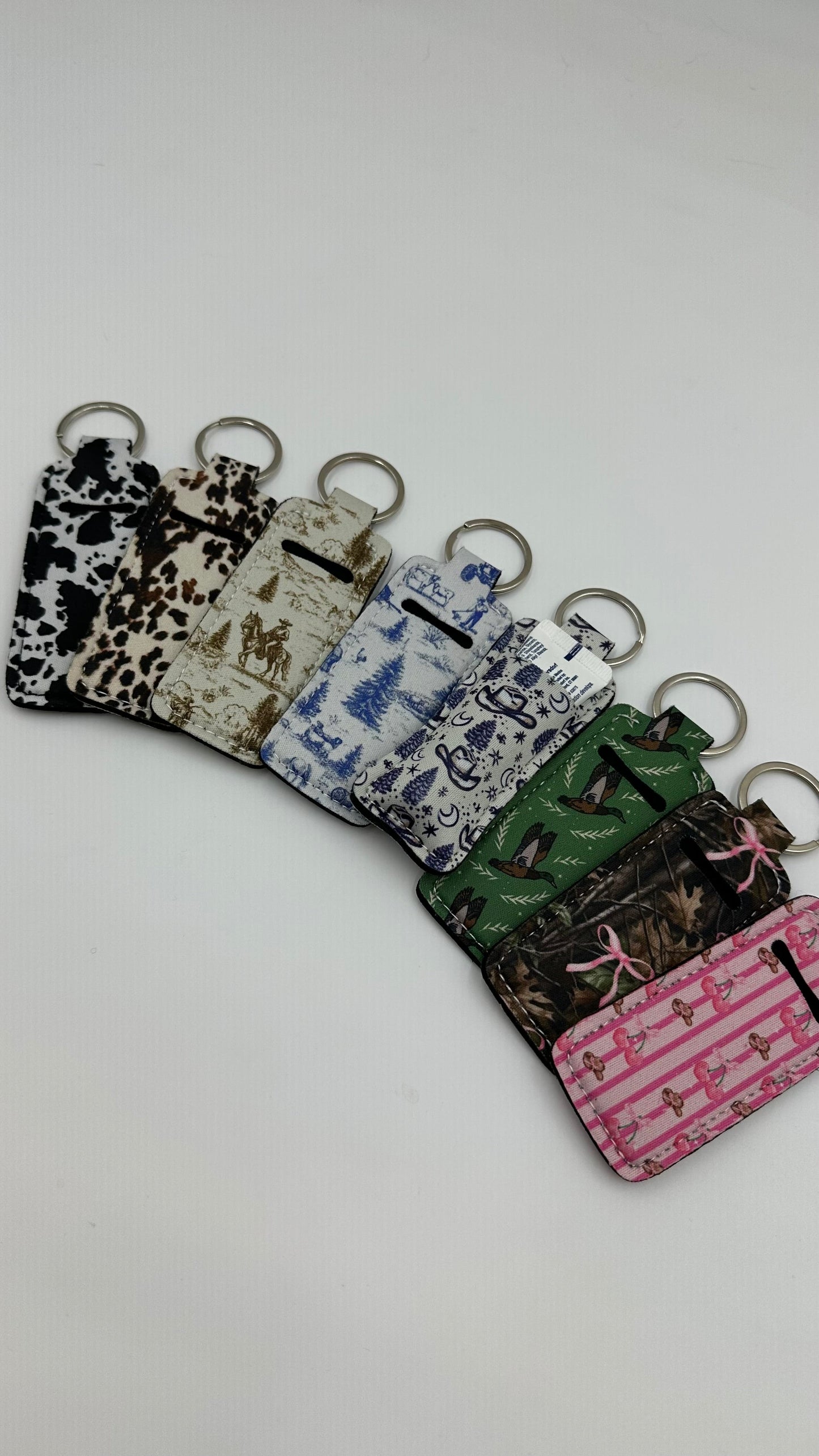 Chapstick Holder Keychain – Cow Print, Camo Pink Bow, Cowboy Toile, Barn Toile, croquette, duck, moon BashDesignsCo