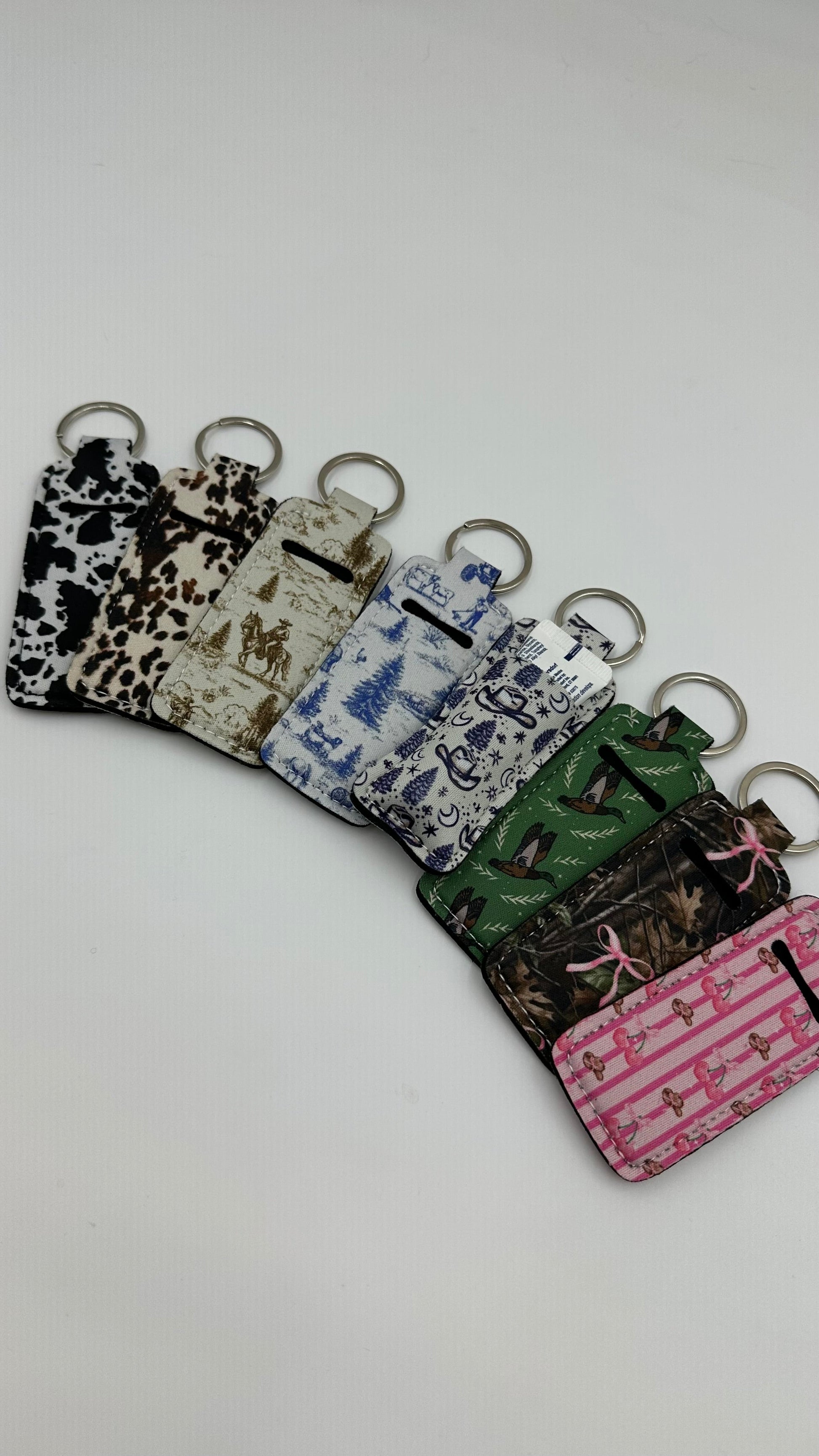 Chapstick Holder Keychain – Cow Print, Camo Pink Bow, Cowboy Toile, Barn Toile, croquette, duck, moon BashDesignsCo