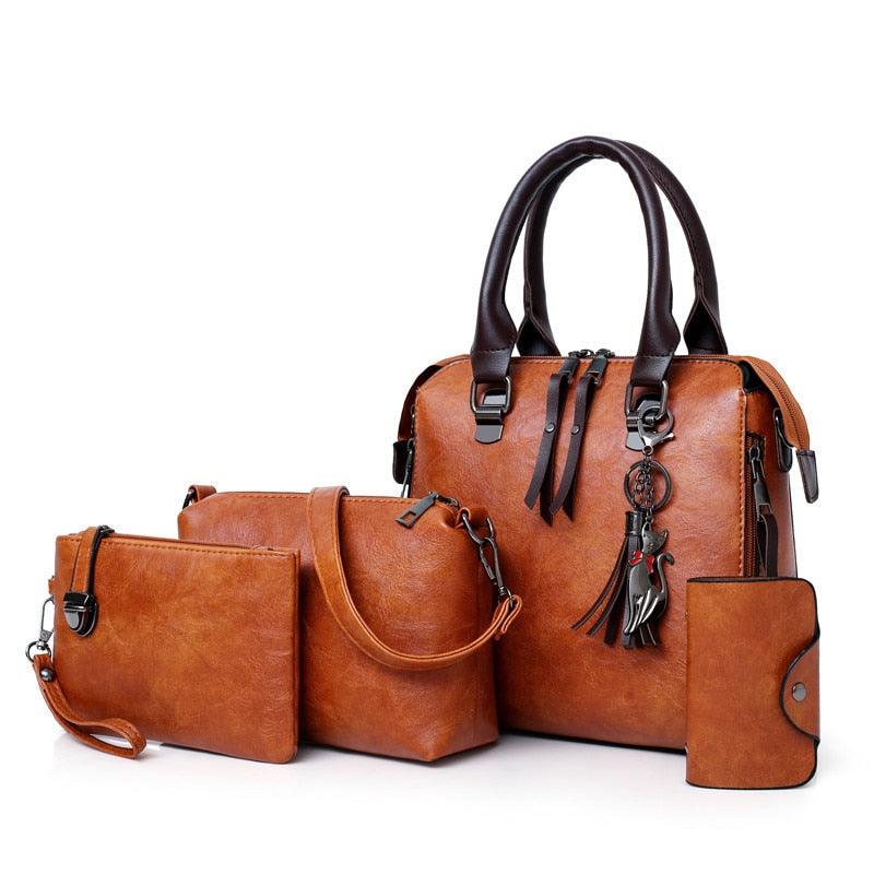 Vintage Leather 4-Piece Messenger Bag Set | Luxury Leather Tote, Clutch & Wallet Set Country in My Heart