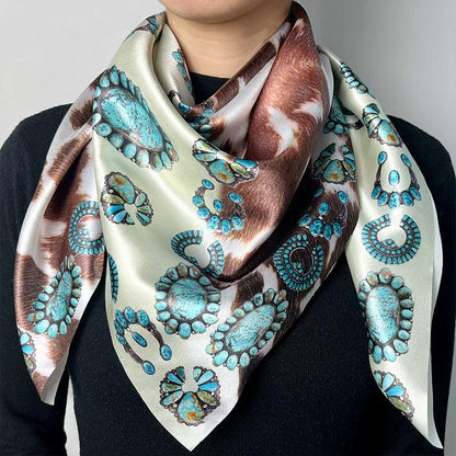 Western Style Cow Pattern Turquoise Scarf – Elegant Cowgirl Accessory Country in My Heart