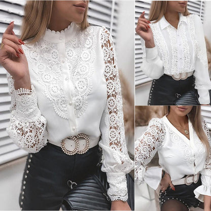 Stylish White Lace Long Sleeved Cut Out Shirt Country in My Heart
