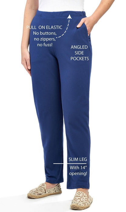 Women's Knit Pull on Pants - Cotton Blend with Flat Front waistband