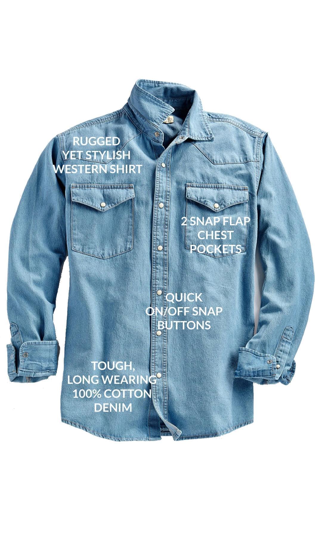 Mens Western Snap Front Button Shirt in Denim and Twill with a Stitched Yoke and Chest Pockets TURTLE BAY APPAREL